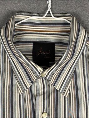 Joseph A. Bank Mens L Striped Button Down Shirt Blue Brown Cream 100% Cotton LS